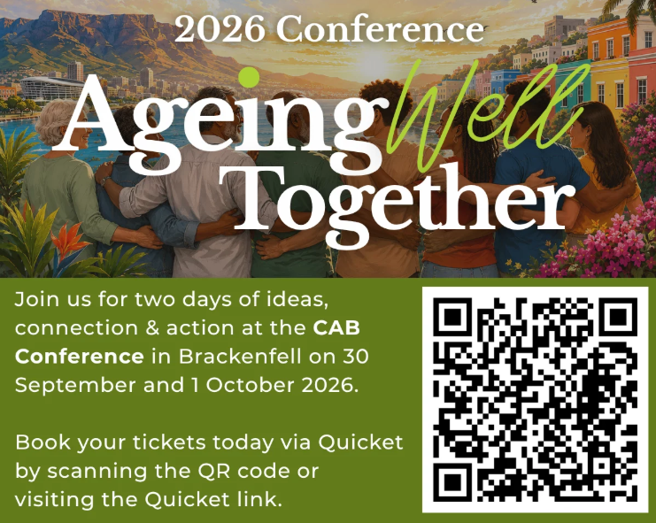 Ageing Well Together 2026 conference, 30 September and 1 October at CAB Conference in Brackenfell. Tickets available through Quicket.